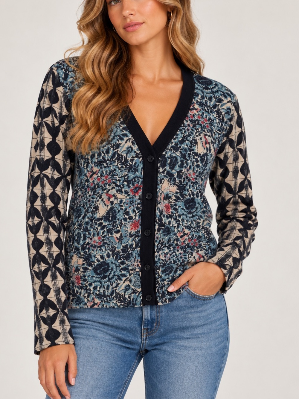 Tory Burch women size M Blue Floral butterfly V-Neck wool Cardigan